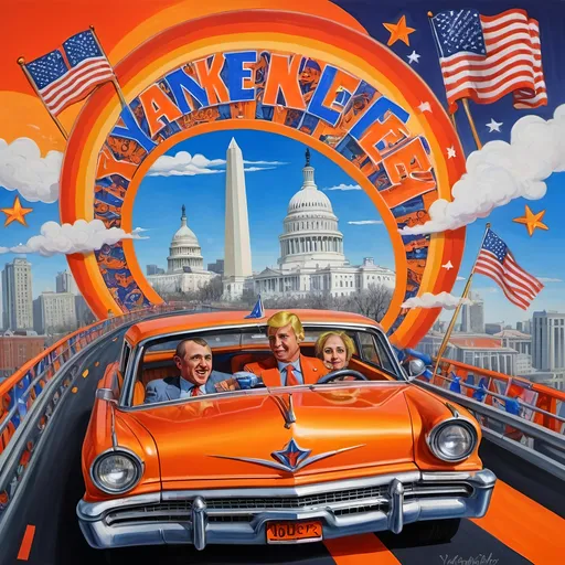 Prompt: (accurately spelled text "Yankee Doodler"), (psychedelic style), (vibrant color scheme), detailed painting, a Russian holding a Florida Orange symbolizing Republican endorsement of Russian authority and control over the U.S., in a thrilling roller coaster car, American flag dramatically waving, intricate Washington D.C. skyline in the background, surreal elements, dynamic perspective, bursting colors, high depth cinematic masterpiece.