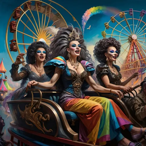 Prompt: (Honoring Nuit), a vibrant painting of a group of drag queens, joyfully riding a roller coaster, colorful outfits flowing in the wind, beaming expressions, a dazzling ferris wheel in the background, a striking rainbow extension painted on the side, lively amusement park atmosphere, bright tones, fantastical mood, high detail, mesmerizing and dynamic composition, perfect for celebrating diversity and joy.