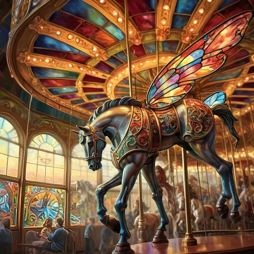 Prompt: (misc-stained glass style), vibrant color scheme, (detailed digital painting), a whimsical bug on a colorful carousel, striking lights glowing in the background, a majestic horse in the foreground, enchanting atmosphere, fantastic realism reminiscent of Donato Giancola, rich textures, captivating composition, ultra-detailed, airbrush effects, evokes playful nostalgia, dreamlike quality, intricate light reflections, artistic masterpiece.