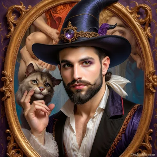 Prompt: (honoring Nuit), captivating handsome man magician with an elegant beard, wearing a pointed witch hat, (renaissance baroque painting style), facial features highlighted in detail, dark mystical background that enhances the allure, rich deep colors creating dramatic contrast, elements of Halloween celebration subtly interwoven, inviting an atmosphere of enchantment and mystery, ultra-detailed, a captivating masterpiece.