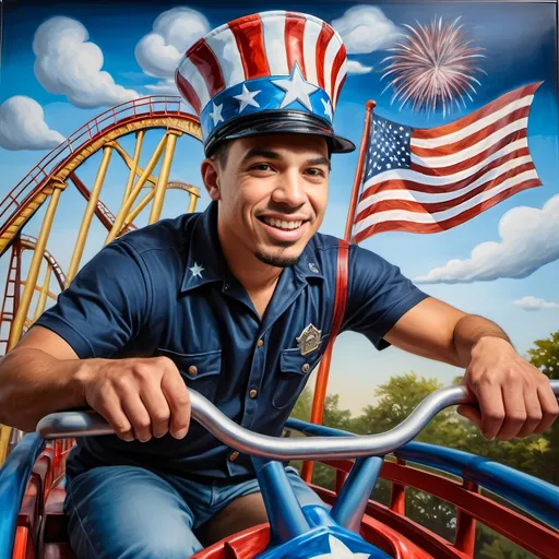 Prompt: A Seven Wonders Art Glass Studio masterpiece painting of a man in a patriotic hat riding Freedom rollercoaster in D. C.’s new amusement park named Freedom Park.  Honoring Nuit.