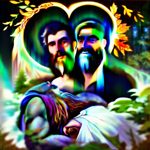 Prompt: (oil painting) (Renaissance Era), commissioned portrait of (two male husbands), celebrating (wedding anniversary), detailed facial features with beards and chest hair, emulating love and joy, honoring Nuit, (mysterious scenery) with ethereal light, surrounding autumn foliage, warm color palette of rich browns and deep greens, (esoteric elements) interwoven, capturing (Fall Equinox 1612) spirit of (Pan’s Arcadia),  ultra-detailed and high-quality canvas work.