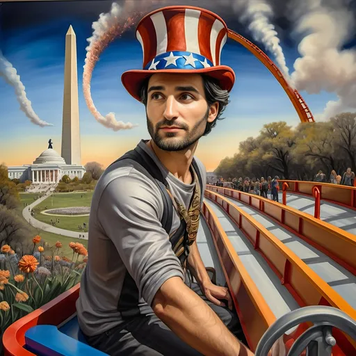 Prompt: (Acrylic painting of a magician man), wearing a (patriotic top hat), joyfully riding a (whimsical rollercoaster) in Liberty Park, with (HD details), vibrant colors, and enchanting motifs. The scene features the (Washington Monument) in the background, as well as the phrase (accurately spelled text "Yankee Doodle"). An aura of celebration and magic surrounds the image, honoring Nuit and the Aeon of Horus.