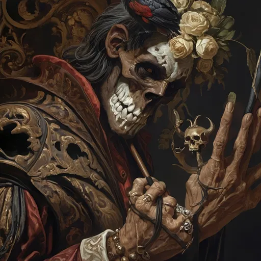 Prompt: (Renaissance still life) (man magician satyr), (dark color scheme), (elegant pose), intricately detailed horns, holding a cane topped with a (skull orb), a menacing (skull orc) at his side, a (crow) gracefully perched on his shoulder, rich textures, captivating shadows, high contrast highlights, evoking a sense of mystical allure, enhanced with (ultra-detailed) features, atmospheric depth and somber elegance.