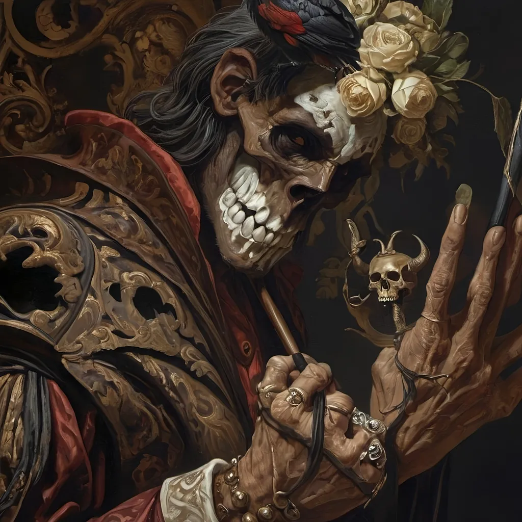 Prompt: (Renaissance still life) (man magician satyr), (dark color scheme), (elegant pose), intricately detailed horns, holding a cane topped with a (skull orb), a menacing (skull orc) at his side, a (crow) gracefully perched on his shoulder, rich textures, captivating shadows, high contrast highlights, evoking a sense of mystical allure, enhanced with (ultra-detailed) features, atmospheric depth and somber elegance.