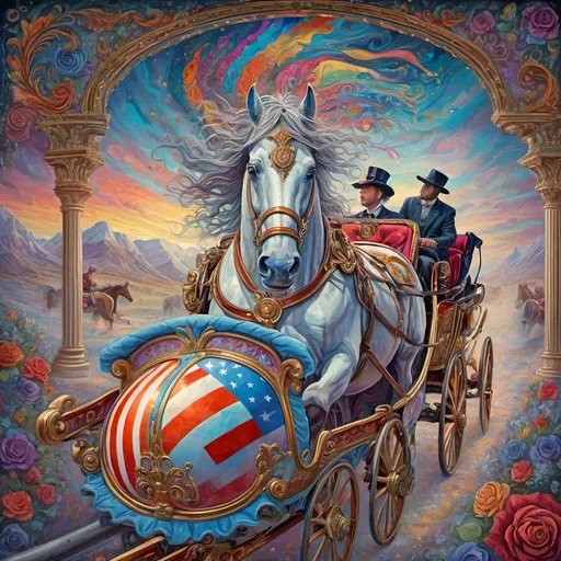 Prompt: a painting of a horse pulling a carriage with a man on it's back and a flag on the back, Anne Stokes, psychedelic art, highly detailed digital art, a detailed painting