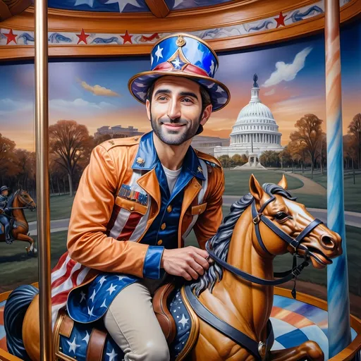 Prompt: (A Seven Wonders Art Glass Studio), oil renaissance painting, (vibrant colors), a man in military uniform, proudly riding on a Carousel of Heroes, surrounded by gracefully carved horses, soft, glowing ambiance, honoring veterans and those serving in the U.S. Military, warm golden lighting, intricate details in the uniform, carousel with richly adorned decorations, respectful atmosphere, high quality, ultra-detailed.