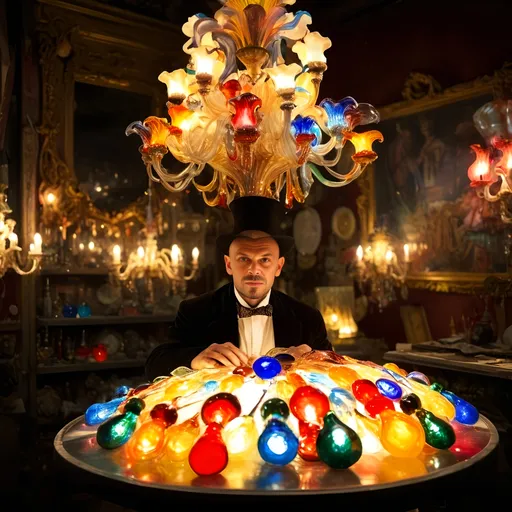 Prompt: (Baroque style) Glass Artisan and Magician, (vibrant colors), man wearing a magical top hat, carefully constructing enchanting magical lights in an intricate chandelier. Lush workshop setting, blending the magic of the real world with Murano’s artistry, (Venice), surrounded by stunning glass artworks, dramatic shadows, and a cozy ambiance, (ultra-detailed).