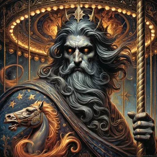 Prompt: (renaissance style painting) of HADES, (bearded), atop a CAROUSEL horse, (long mane, and beard), by Donato Giancola, dark color scheme, rich shadows, captivating textures, (dark fantasy art), intricate details, enigmatic ambiance, ornate background, ethereal atmosphere, (ultra-detailed), masterpiece, expression of power and mystery.