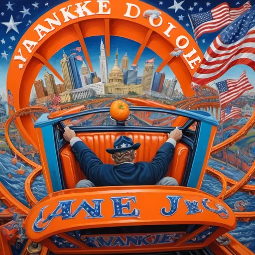 Prompt: (accurately spelled text "Yankee Doodler"), (psychedelic style), (vibrant color scheme), detailed painting, a Russian holding a Florida Orange symbolizing Republican endorsement of Russian authority and control over the U.S., in a thrilling roller coaster car, American flag dramatically waving, intricate Washington D.C. skyline in the background, surreal elements, dynamic perspective, bursting colors, high depth cinematic masterpiece.