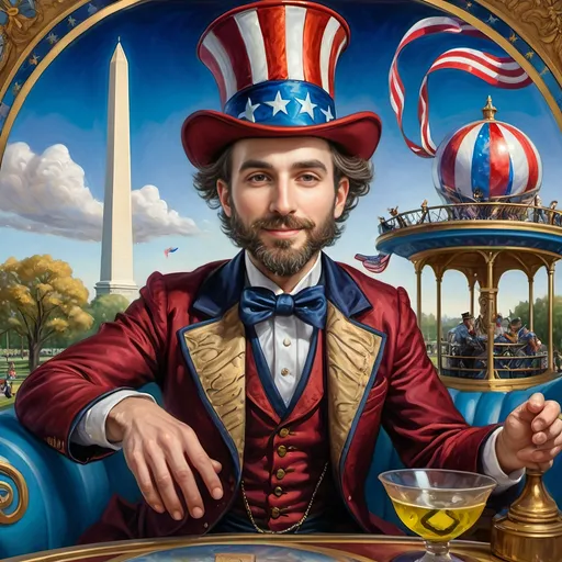 Prompt: A (masterful) Seven Wonders Art Glass Studio painting, depicting a (charming) magician man in a (patriotic) top hat, joyfully riding a rollercoaster in Liberty Park, featuring vibrant colors and whimsical elements, with a prominent Washington Monument in the background, intricately integrated with the phrase (accurately spelled text "Yankee Doodle"), all while encapsulating the theme of (honoring Nuit and the Aeon of Horus), ultra-detailed, colorful and dynamic atmosphere.