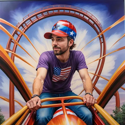 Prompt: A Seven Wonders Art Glass Studio masterpiece painting of a man in a patriotic hat riding Freedom rollercoaster in D. C.’s new amusement park named Freedom Park.  Honoring Nuit.