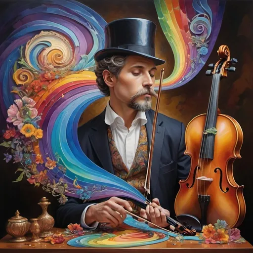 Prompt: art nouveau style, (vibrant colors), painting of a man playing violin, intricate items surrounding him, complex rainbow swirl background, (emotion of harmony and creativity), surreal depiction of sound waves as colors, rhythmic patterns, expressive facial features, ethereal ambiance, whimsical elements, (HD), highly detailed masterpiece.