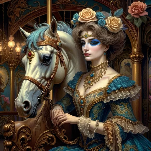 Prompt: Art Nouveau Carousel scene, (elegant woman with horse), (vibrant roses), soft pastel color scheme, (hues of gold and azure), romantic and whimsical atmosphere, detailed decorative elements, intricate designs, enchanting background featuring the (beautiful carousel), ethereal lighting, showcasing the beauty of Nuit, (ultra-detailed, 4K), dreamlike imagery blending nature and artistry.