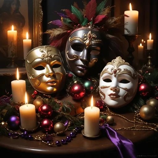 Prompt: (Marci Gras Christmas), (masks), (Ernest William Christmas), dramatic lighting, flickering candles casting a warm glow, rich textures reminiscent of the Renaissance, deep, moody shadows, ultra-detailed, high-quality brushwork, evocative use of chiaroscuro, intricate details that capture festive emotions, masterful mixing of vibrant and muted tones, visual narrative celebrating the holiday spirit in exquisite fine art style.