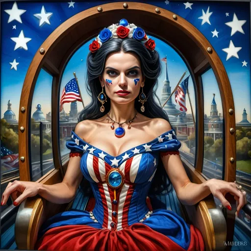 Prompt: a 7 Wonders Art Glass Studio of a woman in patriotic dress riding the rollercoaster Liberty Park, located in Washington D.C, Northern Virginia, and Maryland local attractions, with U.S.Flag themes and float in the background and fireworks in the sky, 4th of July in Liberty Park.  honoring the goddess Nuit.