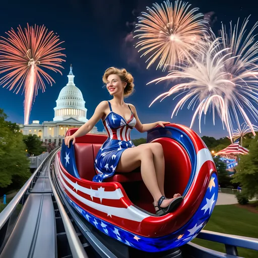 Prompt: a 7 Wonders Art Glass Studio of a woman in patriotic dress riding the rollercoaster Liberty Park, located in Washington D.C, Northern Virginia, and Maryland local attractions, with U.S.Flag themes and float in the background and fireworks in the sky, 4th of July in Liberty Park.  honoring the goddess Nuit.