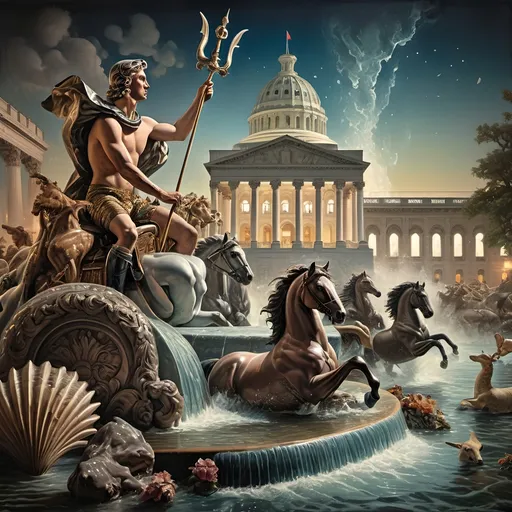 Prompt: (Court of Neptune, Library of Congress), art deco style, vibrant color scheme, a man riding a majestic horse in shimmering water, surrounded by diverse animals, grand building in the background, (Carel Willink influence), neoclassicism aesthetic, ultra-detailed cinematic matte painting, breathtaking composition, high-quality artistic masterpiece, dynamic movement, lush reflections on the water surface, captivating atmospheric depth.