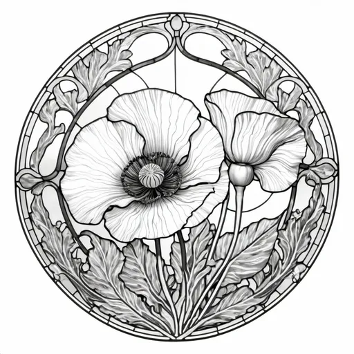 Prompt: A Seven Wonders Art Glass Studio Art Nouveau designed stained glass window with poppy flowers and a line drawing of flowers in the middle, Alfonse Mucha, art nouveau, line art, lineart.  (Honoring the Aeon of Horus).