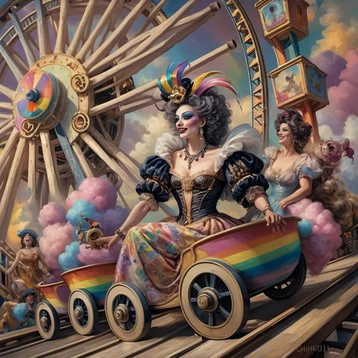 Prompt: (honoring nuit), a mesmerizing painting of colorful drag queens exuding joy and fabulousness while riding a roller coaster, vibrant (rainbow) painted on the side, a whimsical ferris wheel creating a festive atmosphere in the background, whimsical cotton candy clouds, (dynamic movement), warm pastel colors enhancing the lively scene, ultra-detailed, high-quality artwork capturing a celebratory ambiance.