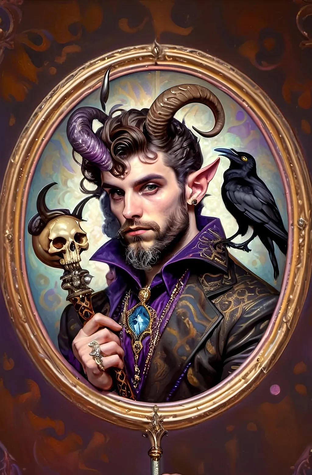 Prompt: a painting of a man magician satyr with horns and a skull in his hand and a crow on his shoulder, with a cane with a scull as orb