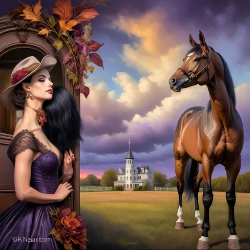 Prompt: (Honoring Nuit), highly detailed oil painting of a thoroughbred horse, Kentucky farm setting, (brilliantly captured) evening dusk, warm golds and deep purples in the sky, lush green pastures, soft shadows across the landscape, tranquil atmosphere, vibrant colors, delicate brushstrokes enhancing the horse's muscular form, realistic texture of the horse's mane, 4K resolution, captivating and serene ambiance.