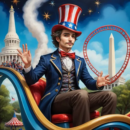 Prompt: (Acrylic painting of a magician man), wearing a (patriotic top hat), joyfully riding a (whimsical rollercoaster) in Liberty Park, with (HD details), vibrant colors, and enchanting motifs. The scene features the (Washington Monument) in the background, as well as the phrase (accurately spelled text "Yankee Doodle"). An aura of celebration and magic surrounds the image, honoring Nuit and the Aeon of Horus.