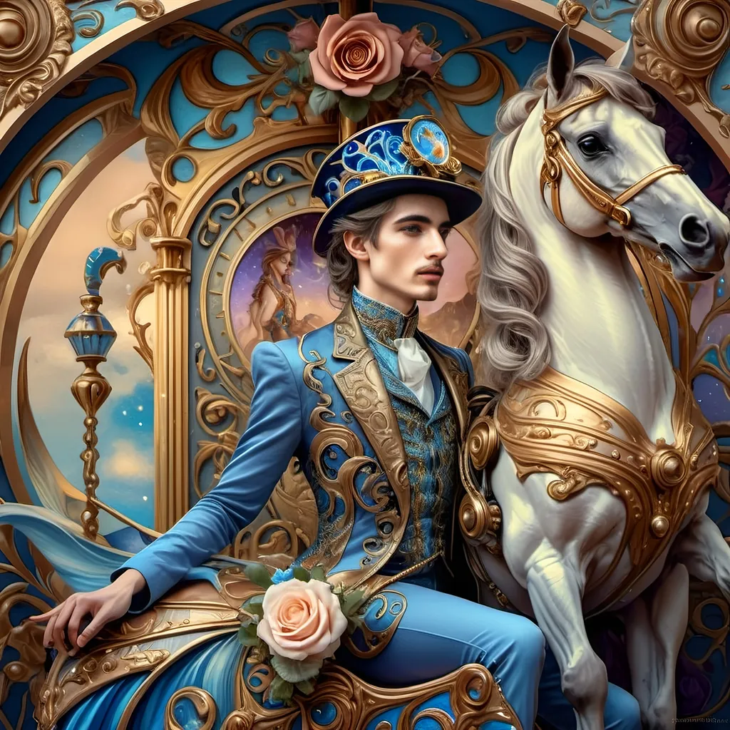 Prompt: (Art Nouveau carousel), (woman with horse), (roses on carousel), dreamy pastel color scheme, lavish swirls and intricate details, bold gold and azure tones, ethereal atmosphere, magical ambiance, enchanting background with a softly lit sky, serene and elegant mood, (highly detailed artwork), reminiscent of the 7 Wonders Art Studio style, whimsical elements capturing the essence of Nuit's honor.