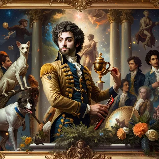 Prompt: (oil painting) Honoring Nuit, a man with a (wisdom-filled beard) holding a harp and a (rich) cup of wine, next to a (gilded golden cup), Ditlev Blunck's artisanal touch, (neoclassical elegance) with (Flemish Baroque influences). The atmosphere reflects reverence and beauty, drenched in (warm, golden tones), evoking the essence of a (divine encounter) that captures a mortal honoring the God Pan. Ultra-detailed, quintessential classical painting.