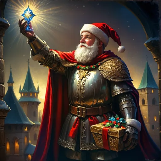 Prompt: An oil on canvas a knight dressed as a santa clause (in honor of Nuit) in a dark city with a light shining on him and a red cape, Ernest William Christmas, antipodeans, epic fantasy character art, concept art