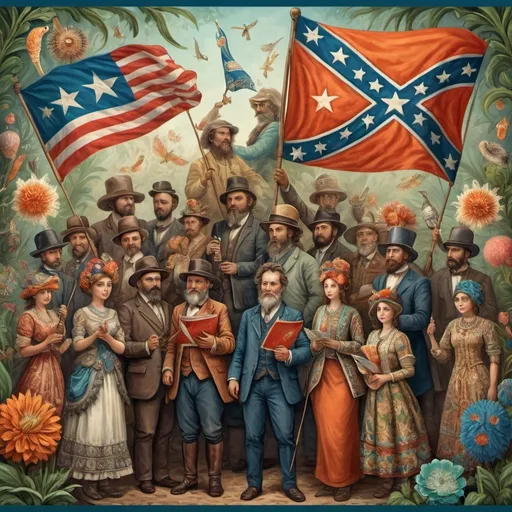 Prompt: (digital painting), (fine art), highly detailed, a vibrant group of people, holding a prominently displayed flag, decorated with the letter 'A', inspired by Ernst Haeckel’s unique style, folk art elements, intricate patterns, and natural forms, harmonious color palette, dynamic composition, celebrating unity and artistry, (4K) quality, rich textures, captivating ambiance.