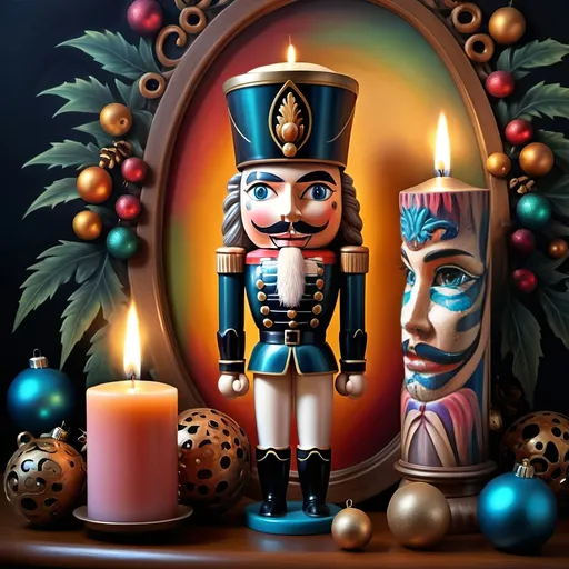 Prompt: (nutcracker), (candle and candle holder), surrounded by (Christmas decorations), (psychedelic art style), (vibrant color scheme), (extremely detailed), (oil painting), (airbrush painting), inspired by (Anne Stokes), (pop surrealism), dynamic patterns and textures, warm and festive ambiance, high-quality artistry, rich hues melding into each other, whimsical elements drawing viewers in, enchanting holiday spirit, magical atmosphere.