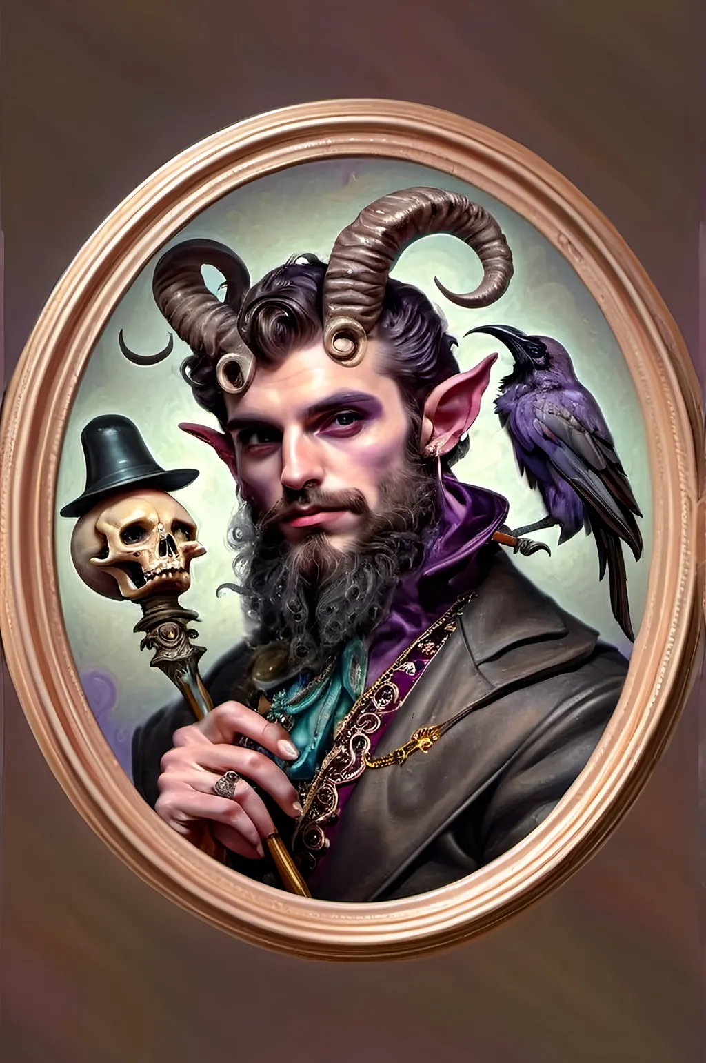 Prompt: a painting of a man magician satyr with horns and a skull in his hand and a crow on his shoulder, with a cane with a scull as orb