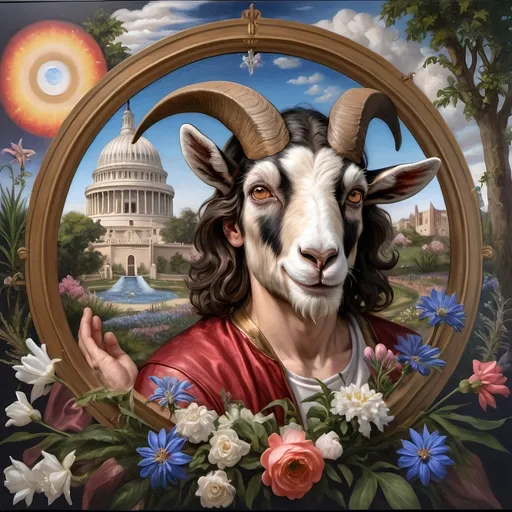 Prompt: A Seven Wonders Art Glass Studio renaissance oil on canvas painting of a man with a goat's head in a circle surrounded by flowers and plants.  Honoring Nuit Spring Equinox 1640