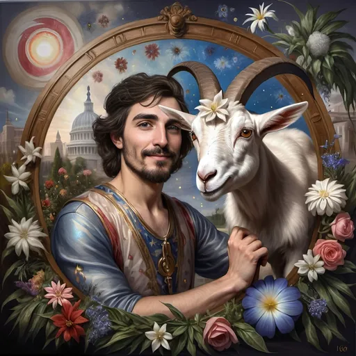 Prompt: A Seven Wonders Art Glass Studio renaissance oil on canvas painting of a man with a goat's head in a circle surrounded by flowers and plants.  Honoring Nuit Spring Equinox 1640