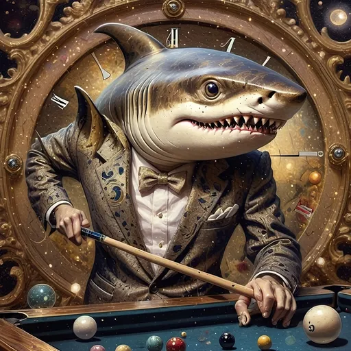 Prompt: (shark in a suit) playing pool, pool cue and ball in front, (F. Scott Hess style), (pop surrealism), enriched classical painting techniques, fine art masterpiece, luminous glass textures, intricate details, vibrant color palette, dynamic composition, warm and inviting ambiance, evoking whimsy and creativity, honoring Nuit, high artistic quality, 4K resolution.