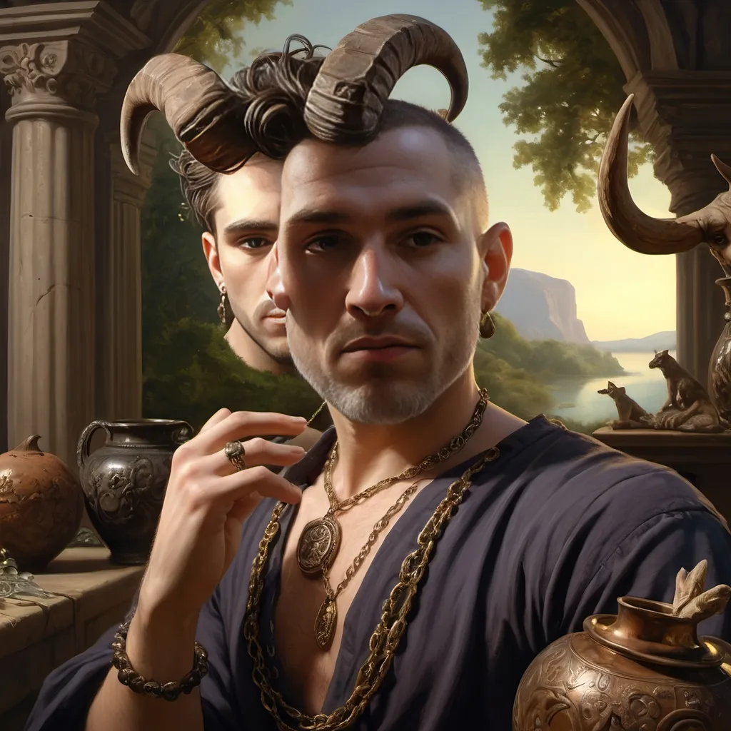 Prompt: (Renaissance style) finely detailed still life painting, (dark color scheme), satyr man with prominent horns, adorned with a decorative necklace, a vintage vase in front, immersed in the serene ambiance of Arcadia, evocative atmosphere reflecting connection and solitude, listening to Anastacia’s hit song (accurately spelled text "You’ll Never Be Alone"), 4K, ultra-detailed, rich textures and shadows enhancing emotional depth.