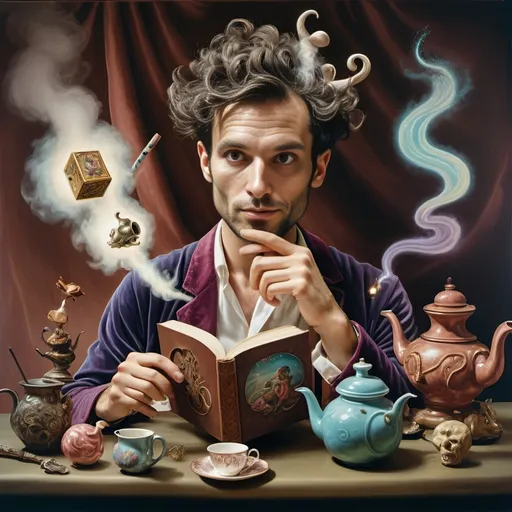 Prompt: (psychedelic still life portrait), a magician jack-in-the-box man, surrounded by (vibrant) teapots and enchanted magical items, items coming to life at a whimsical tea party, an open book exuding shimmering light in front of him, rich jewel tones, swirling patterns, otherworldly atmosphere, 4K, ultra-detailed, dreamlike ambiance.