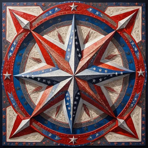 Prompt: (detailed painting), (symbolic star), vibrant colors of the United States, intricate symbols representing America, rich textures, depth in colors, blend of traditional and modern regionalism themes, expressing unity and diversity, profound visual storytelling, captures the essence of American identity, ultra-detailed, a masterpiece celebrating the spirit of the nation.