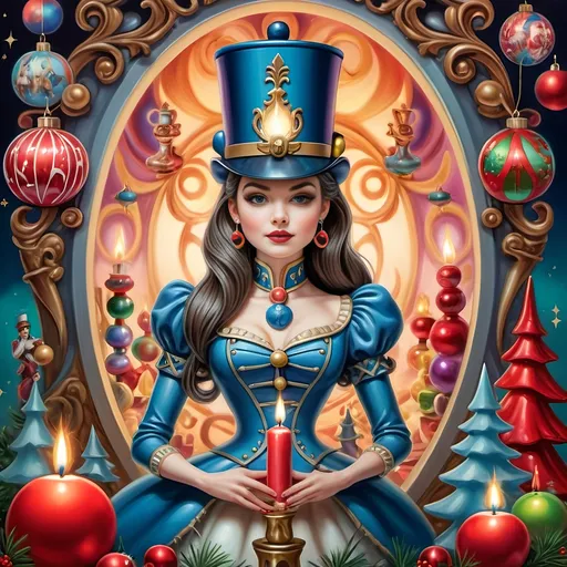 Prompt: (psychedelic nutcracker) with (vibrant color scheme), intricate candle and candle holder in front, surrounded by (Christmas decorations), inspired by (Anne Stokes), (pop surrealism) style, extremely detailed (oil painting), showcasing an enchanting festive atmosphere, swirling colors, and whimsical elements, soft glowing light effects creating a joyful and magical ambiance, (highly artistic) airbrush techniques, (ultra-detailed) vivid imagery.