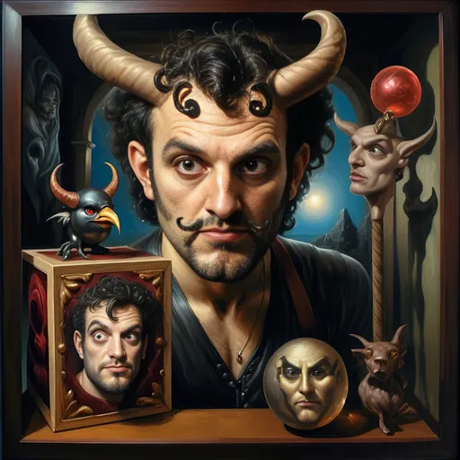 Prompt: (A fine art oil painting) by Seven Wonders Art Glass Studio, (magician man) with a (horned head), (bird on his shoulder), holding a cane and a glowing ball, inspired by Clint Cearley, (fantasy art), rich colors, intricate details, dramatic lighting, mystical atmosphere, character portrait emphasizing the essence of Pan and Nuit, ultra-detailed, vibrant background reflecting magical elements, imaginative and enchanting setting.