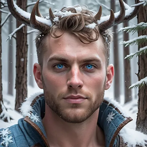 Prompt: a man with horns and blue eyes in a snowy forest with fir trees and snowflakes on his face, Evan Charlton, fantasy art, epic fantasy character art, a character portrait