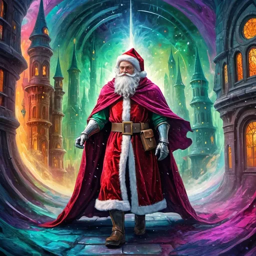 Prompt: (psychedelic art style), knight dressed as Santa Claus, honoring Nuit, dramatic lighting creating stark contrasts, vibrant colors like electric greens and deep magentas, dark city background shrouded in mystery, red cape fluttering in the wind, oil on canvas texture, highly detailed epic fantasy character art, Ernest William Christmas influence, immersive ambiance, captivating concept design, (ultra-detailed), a whimsical yet noble atmosphere.