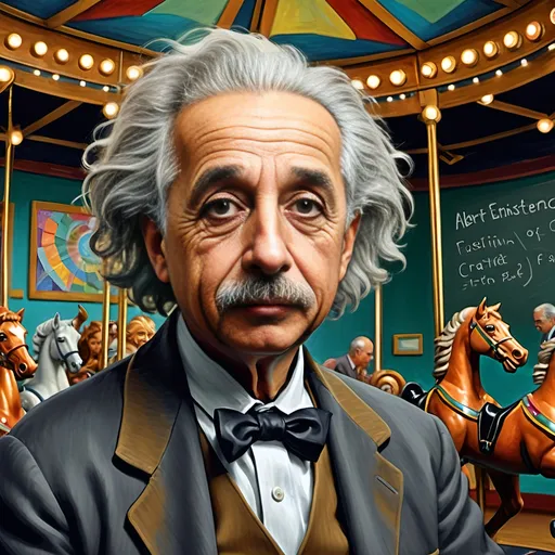 Prompt: (Art Deco style), (Carousel of Science), vibrant color scheme, painting of Albert Einstein, sitting on a carousel horse, chalkboard in the background, whimsical yet analytical ambience, highly detailed digital painting, ultrafine details, imaginative composition, dynamic contrasts, playful elements, captivating atmosphere, influences of Albert Kotin, celebration of science and creativity, HD quality.