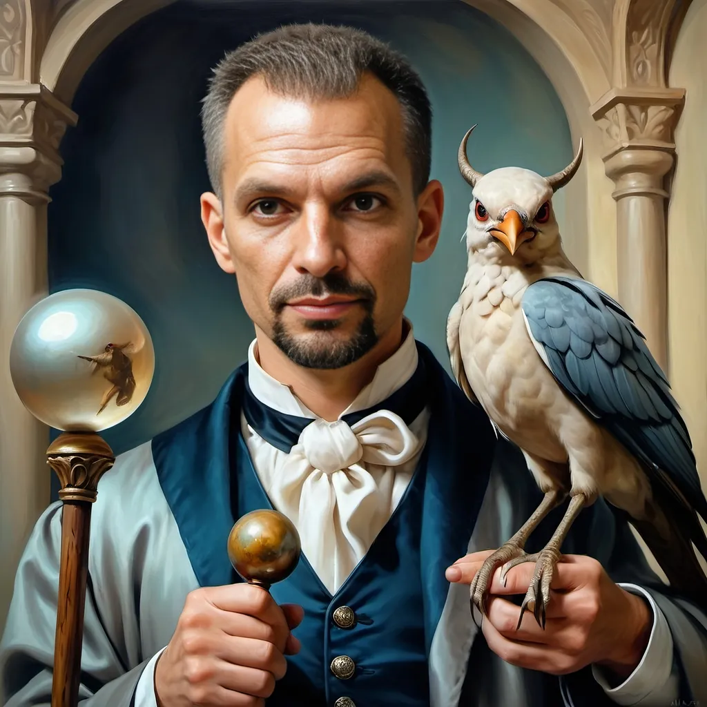 Prompt: A (captivating) oil painting depicting a (mysterious magician) with a (horned head), a (bird perched gracefully on his shoulder), holding a (beautifully crafted cane) and an (orb in his hand), beautifully capturing themes of (fantasy) and (transformation). Character portrait-style, influenced by (Clint Cearley's) signature artistry, with ethereal hues and (vivid detailing) honoring the legendary figures of (Pan and Nuit), set against a dreamy, (surreal background) that evokes wonder.