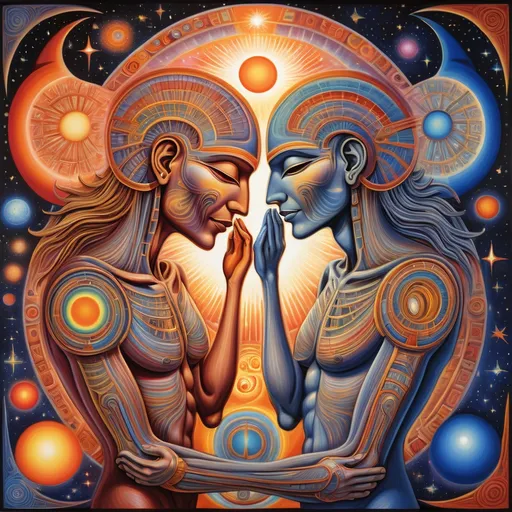 Prompt: A 7 Wonders Art Glass Studio painting of a two people embracing in front of a sun and moon circle with stars and planets, Alex Grey, neo-romanticism, dmt, a detailed painting.  Honoring the Aeon of Horus.