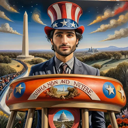 Prompt: (Acrylic painting of a magician man), wearing a (patriotic top hat), joyfully riding a (whimsical rollercoaster) in Liberty Park, with (HD details), vibrant colors, and enchanting motifs. The scene features the (Washington Monument) in the background, as well as the phrase (accurately spelled text "Yankee Doodle"). An aura of celebration and magic surrounds the image, honoring Nuit and the Aeon of Horus.