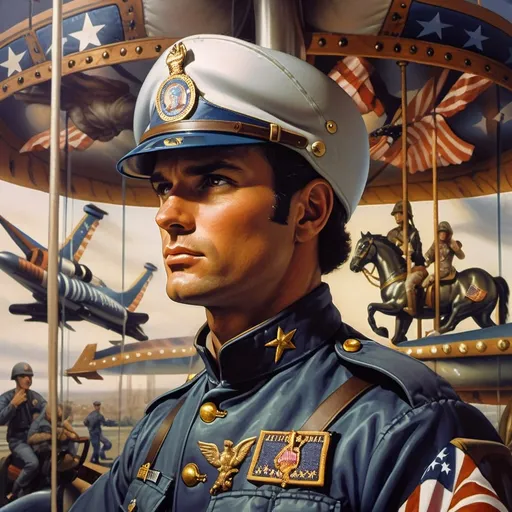 Prompt: A Seven Wonders Art Glass Studio oil renaissance painting of a man in military uniform riding on Carousel of Heroes.  Honors veterans and those serving in U.S. Military.  Honoring Nuit.  