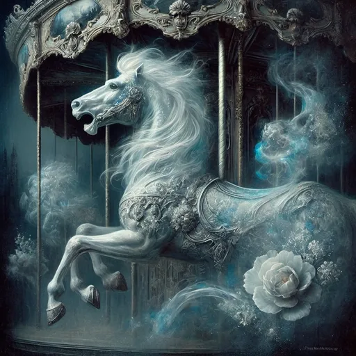 Prompt: a white horse is standing in a cage with a flower in it's mouth and a blue sky behind it, Anne Stokes, fantasy art, fantasy artwork, an airbrush painting