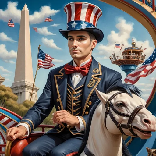 Prompt: (Acrylic painting of a magician man), wearing a (patriotic top hat), joyfully riding a (whimsical rollercoaster) in Liberty Park, with (HD details), vibrant colors, and enchanting motifs. The scene features the (Washington Monument) in the background, as well as the phrase (accurately spelled text "Yankee Doodle"). An aura of celebration and magic surrounds the image, honoring Nuit and the Aeon of Horus.